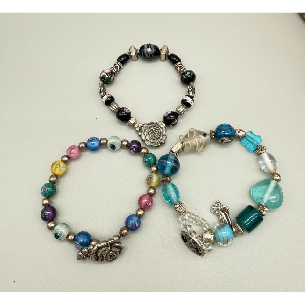 Cloisonné & Glass Beaded Pewter Stretch Bracelet Lot of Three
